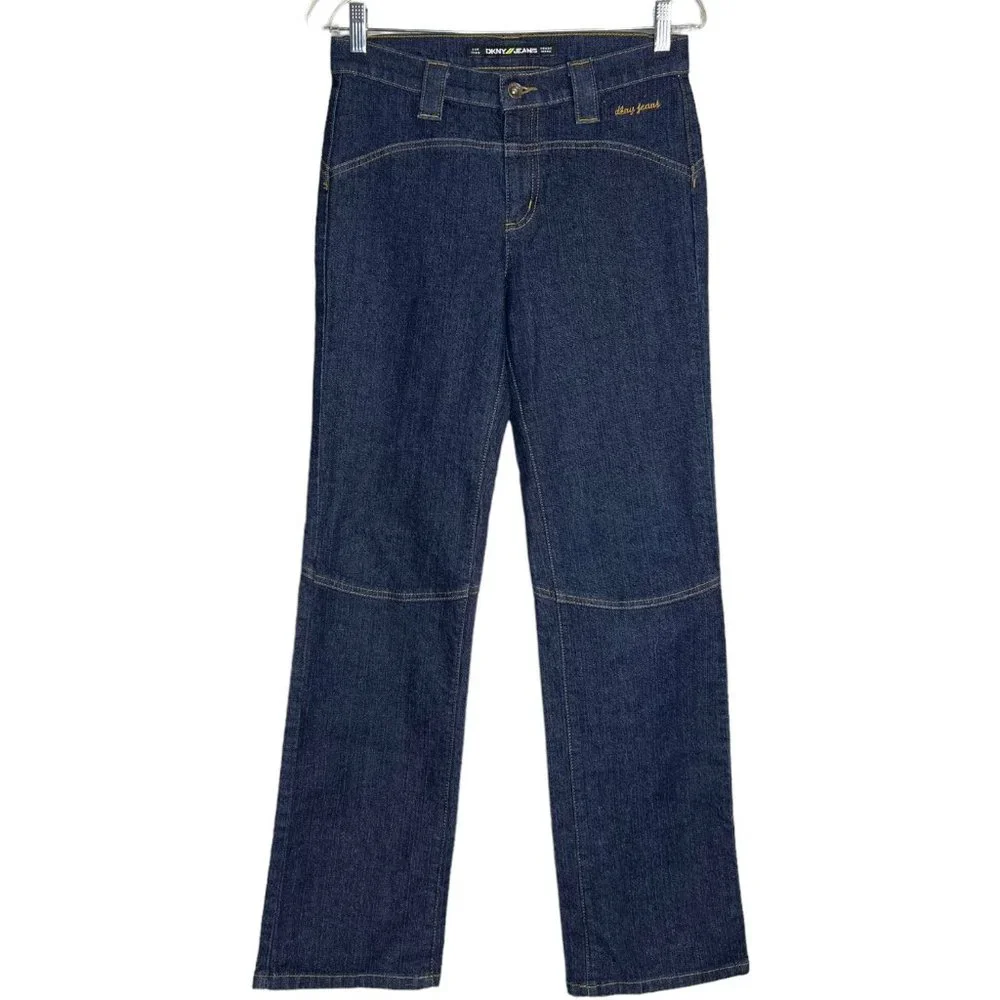 Y2K DKNY Pocketless Straight Leg Jeans Dark Wash Contrast Sticking Size 6 - Picture 2 of 5